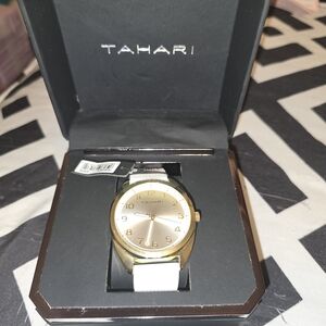 Tahari Gold Dial Watch with White Silicone Strap, Brand New in Gift Box!